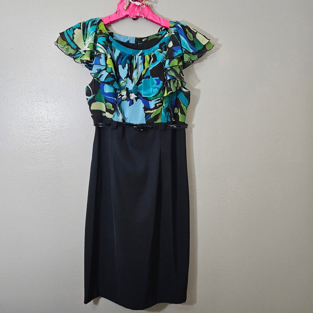 ALYX Dress Women's Size 8 Black Blue Green Floral Chiffon Ruffle Bodice Sheath
